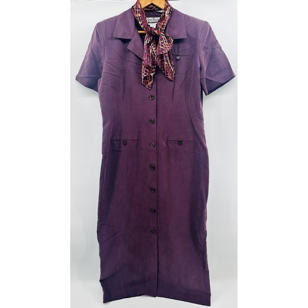 VTG Sheri Martin Dress Scarf 12 Purple Rayon Blend‎ Button Front Maxi HH43